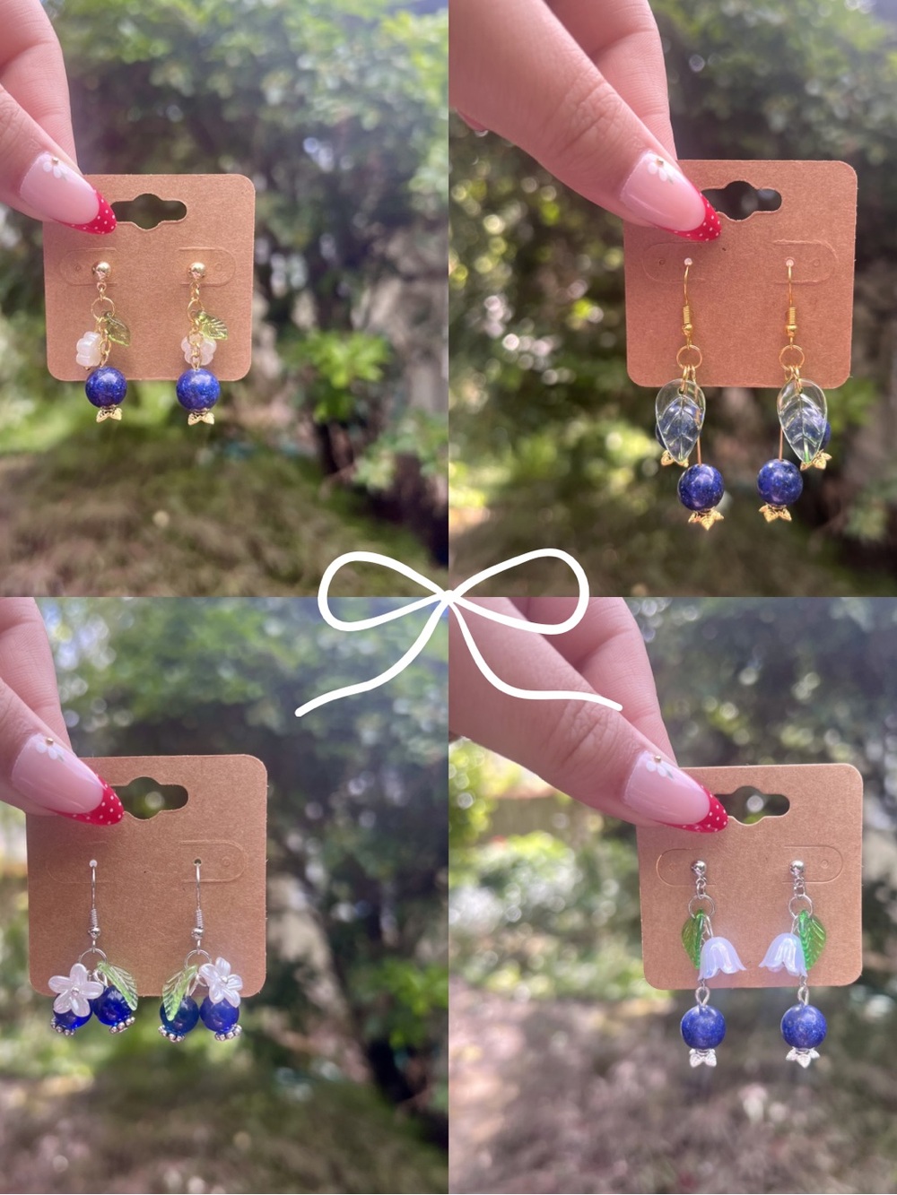 Handmade Blueberry and Floral Drop Earrings - Set of 4